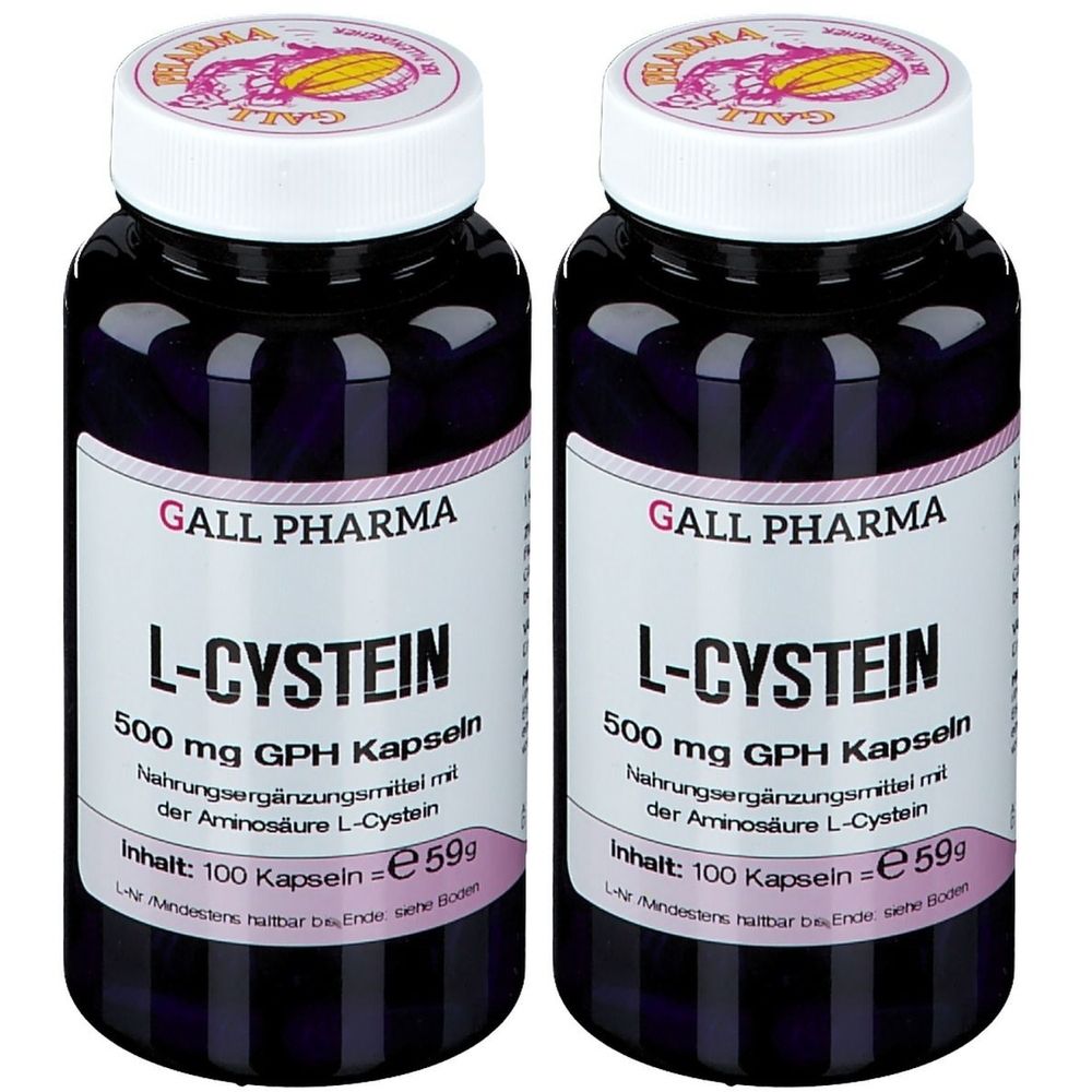 Zwei Flaschen GALL PHARMA L-Cystein Kapseln. Schwarze Flaschen mit weißem Etikett und Deckel. Text: L-Cystein 500 mg.