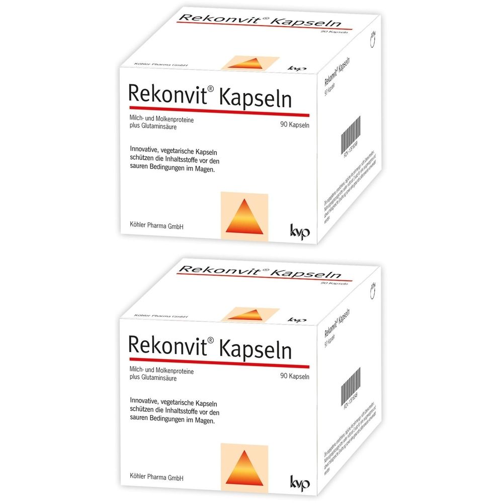Zwei weiße Kartons mit der Aufschrift "Rekonvit Kapseln". Auf jedem Karton sind 90 Kapseln abgebildet. Logo und Text in deutscher Sprache.