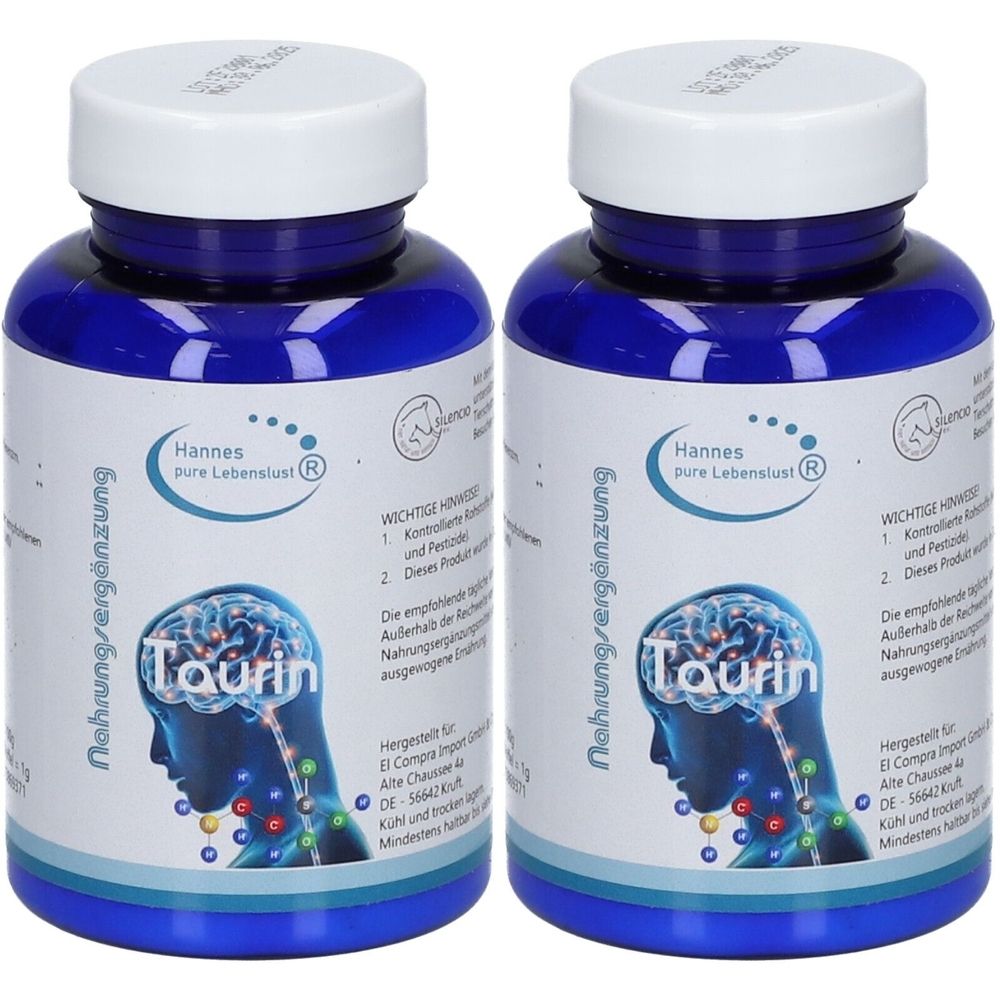 Zwei blaue Flaschen mit weißen Deckeln. Auf den Etiketten steht "Hannes pure Lebenslust® Taurin" und "Nahrungsergänzung".