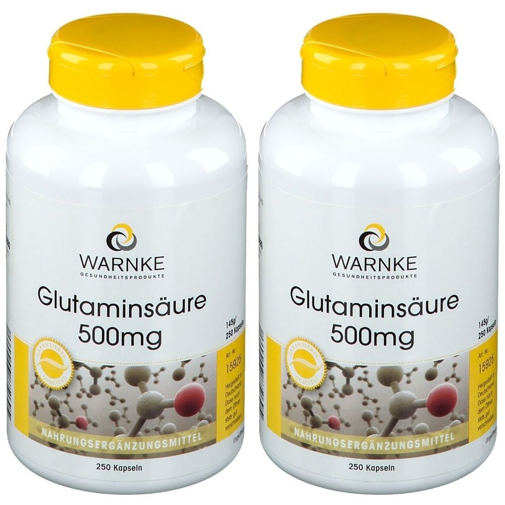 Zwei weiße Flaschen mit gelben Deckeln. Aufschrift: Glutaminsäure 500mg, 250 Kapseln. Marke: Warnke.