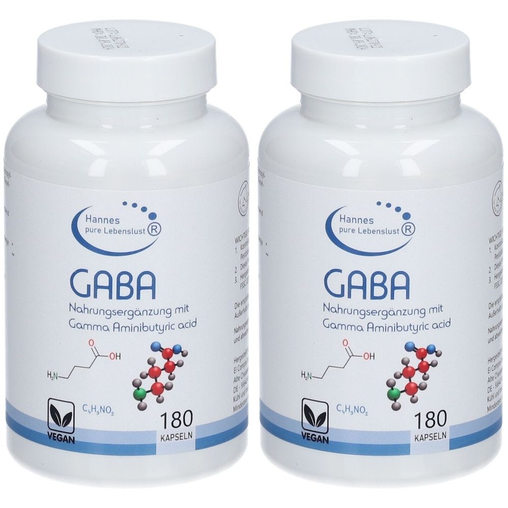 Zwei weiße Flaschen mit GABA-Nahrungsergänzungsmitteln. Aufschrift: Hannes Pure Lebenslust®, GABA, 180 Kapseln, vegan.