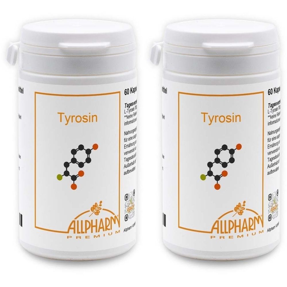 Zwei weiße Pillendosen mit Aufschrift Tyrosin und chemischer Formel. Aufschrift ALLPHARM PREMIUM.