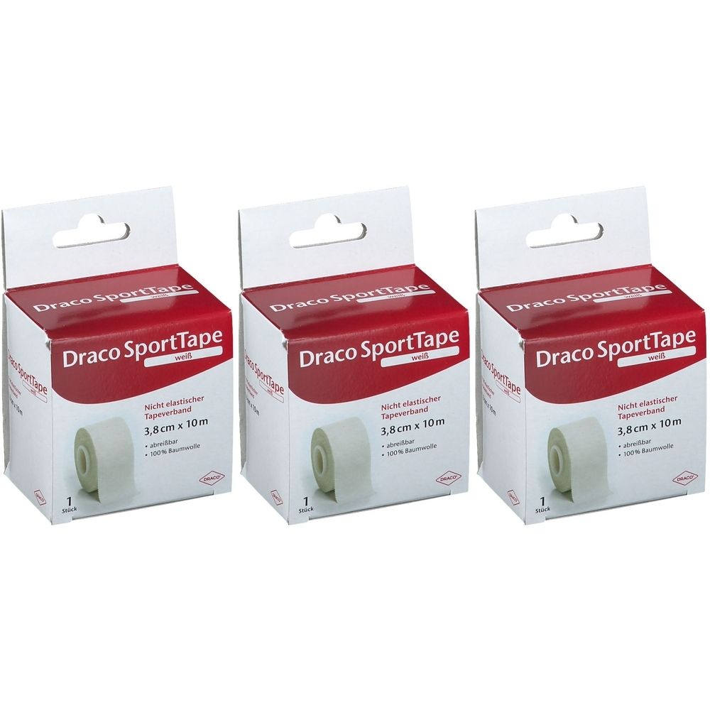 Drei Packungen Draco SportTape. Jede Packung zeigt eine Rolle weißes Tape, 3,8 cm x 10 m. Aufdruck: Draco SportTape, weiß.