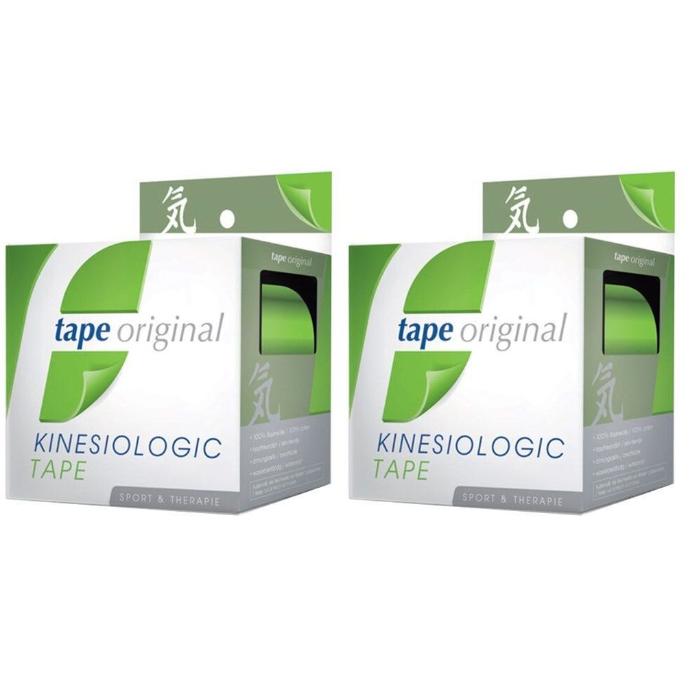 Zwei Packungen Kinesiologie-Tape. Grün, in quadratischen Kartons mit Schriftzug. Oben ein grünes Element.
