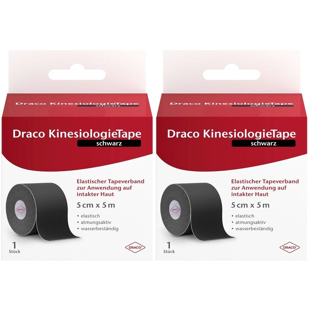 Zwei Packungen schwarzes Kinesiologie-Tape. Aufschrift: Draco KinesiologieTape, 5 cm x 5 m. Eigenschaften: elastisch, atmungsaktiv, wasserbeständig.