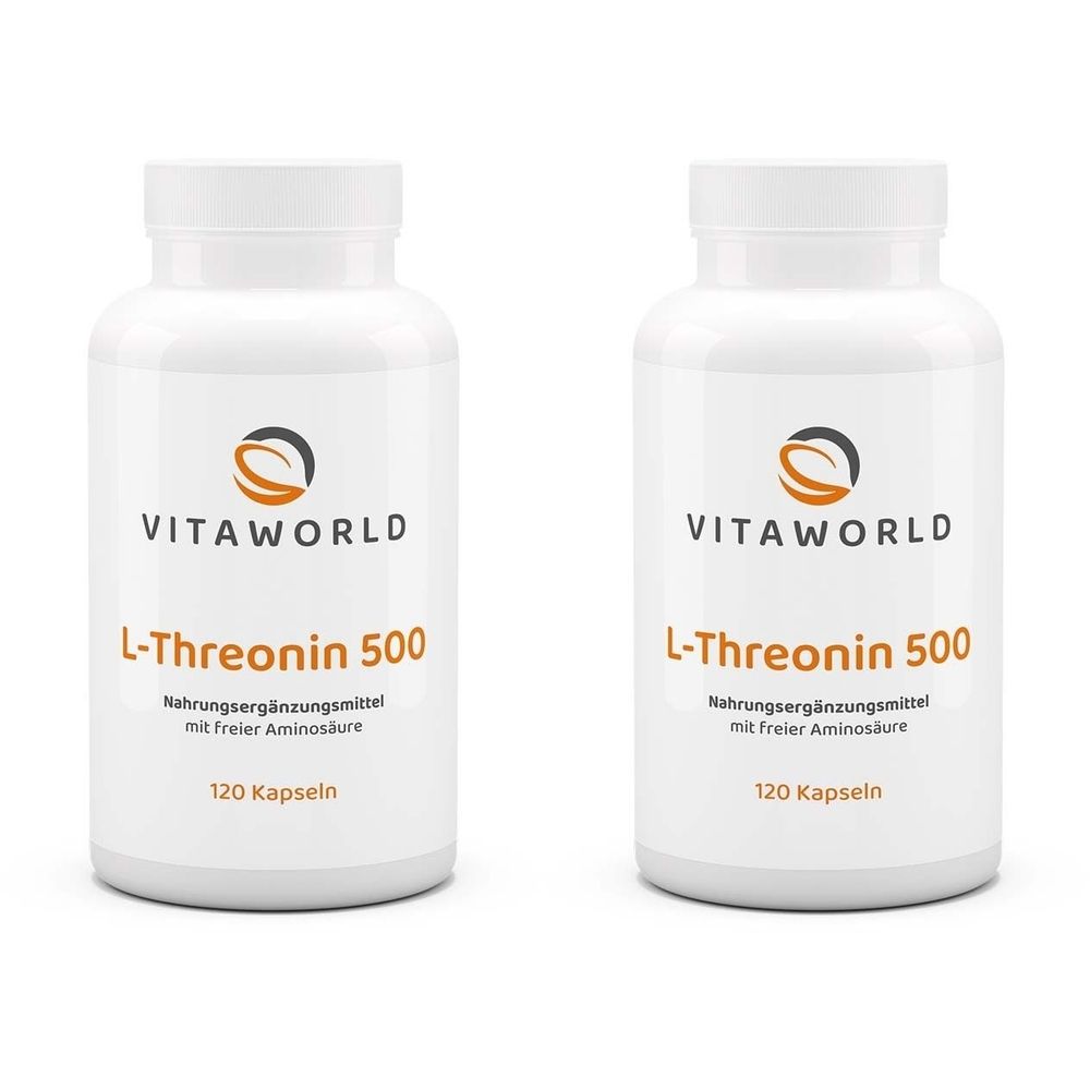 Zwei weiße Flaschen mit Etiketten. Aufschrift: VITAWORLD L-Threonin 500, Nahrungsergänzungsmittel, 120 Kapseln.