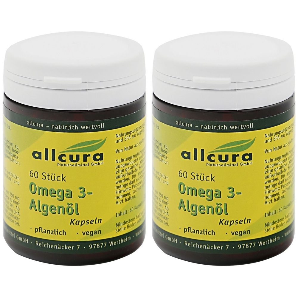 Zwei braune Dosen mit weißem Deckel. Aufschrift: allcura Omega 3-Algenöl, 60 Stück, Kapseln. Grün-gelbes Etikett.