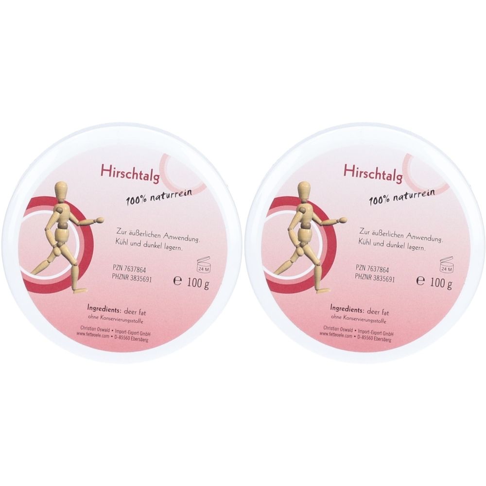 Zwei runde Behälter mit rosa Deckel. Aufschrift: Hirschtalg 100% naturrein. Text und Abbildung eines Holzmannes.