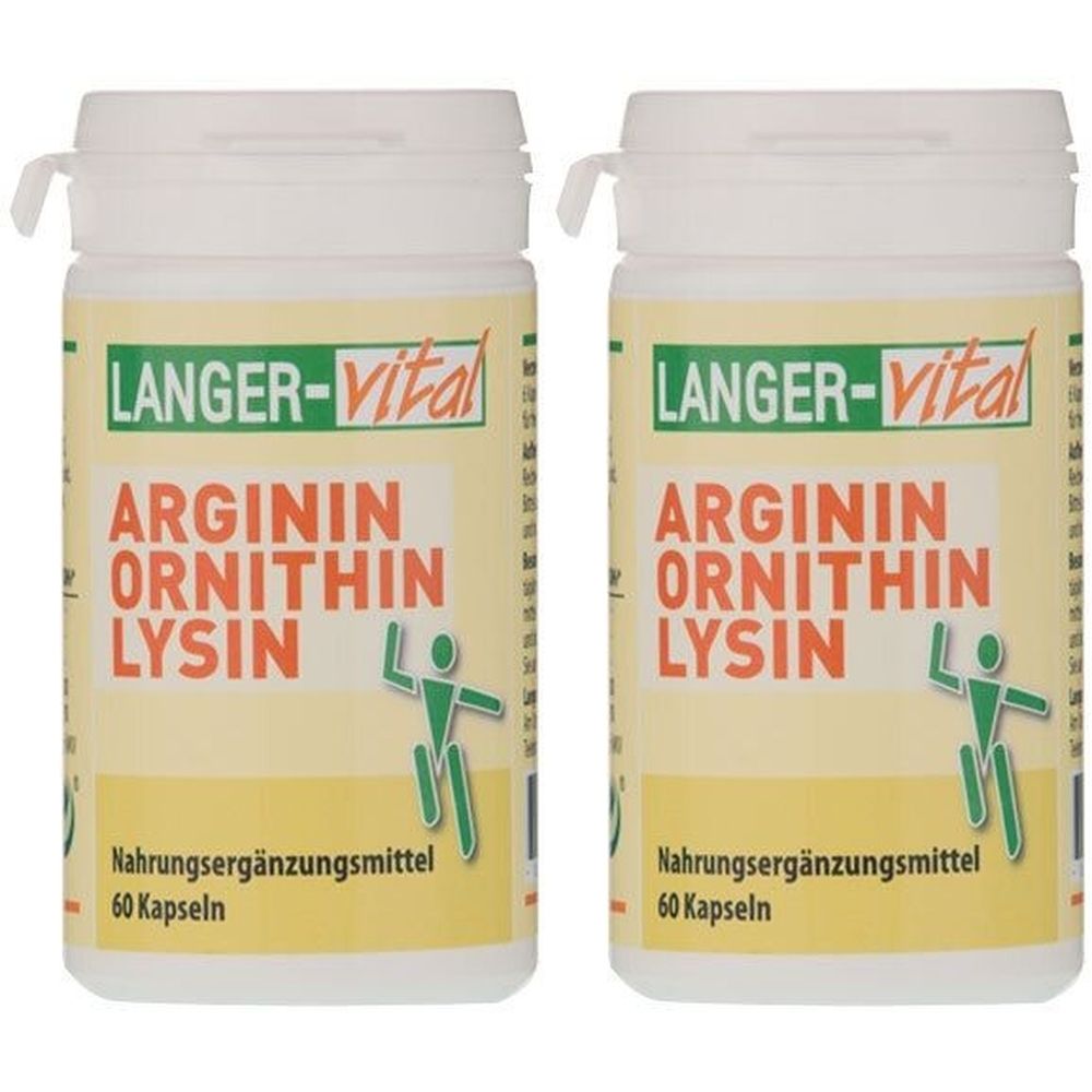 Zwei Flaschen mit weißem Deckel. Aufschrift: LANGER-vital, ARGININ ORNITHIN LYSIN. Nahrungsergänzungsmittel. 60 Kapseln.