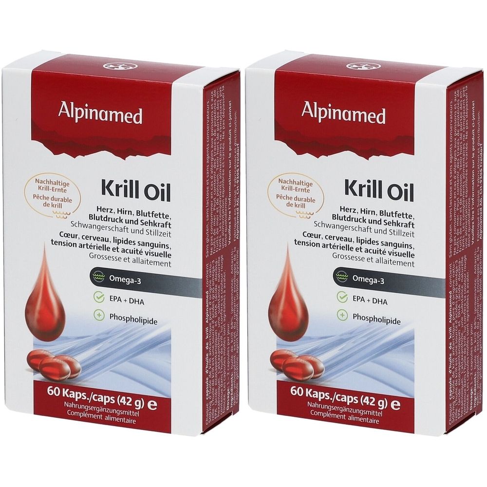 Zwei Kartons Alpinamed Krill Oil. Aufdrucke: Omega-3, EPA+DHA, Phospholipide. 60 Kapseln. Rote Kapseln und Tropfen abgebildet.