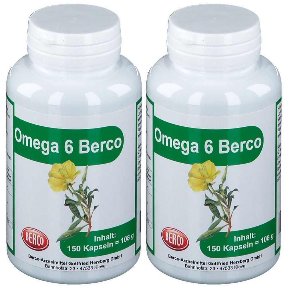 Zwei weiße Flaschen mit Omega 6 Berco-Etiketten. Aufschrift: 150 Kapseln. Marke Berco. Abbildung einer gelben Blume.