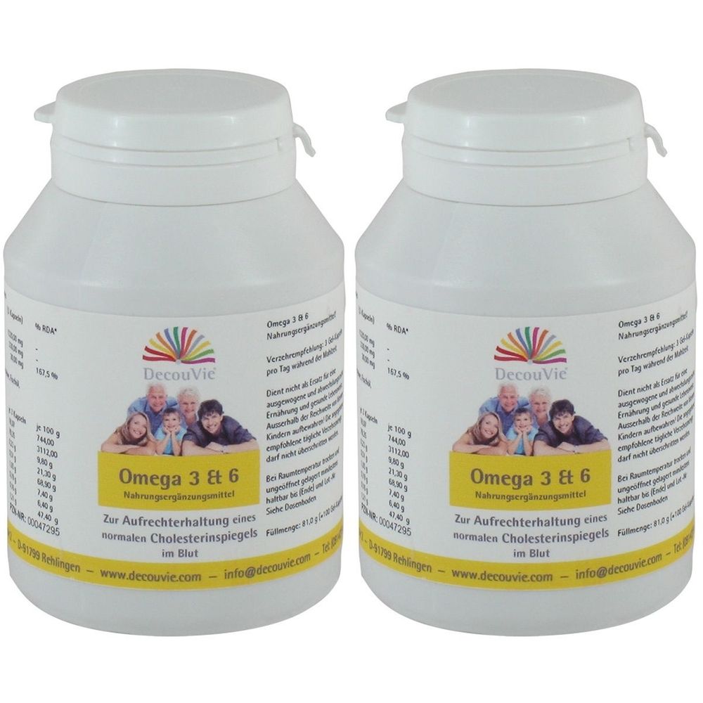 Zwei weiße Flaschen mit Deckel. Auf den Etiketten steht "DecouVie Omega 3 & 6". Familienfoto und Text. Nahrungsergänzungsmittel.