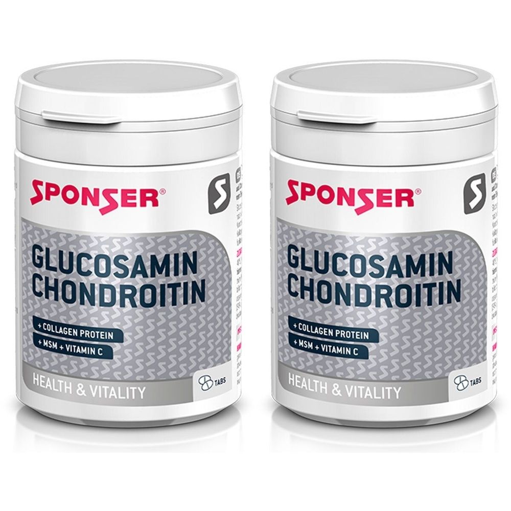 Zwei weiße Dosen mit Deckel. Aufschrift SPONSER, GLUCOSAMIN CHONDROITIN, Collagen Protein, MSM + Vitamin C. Aufschrift HEALTH & VITALITY.