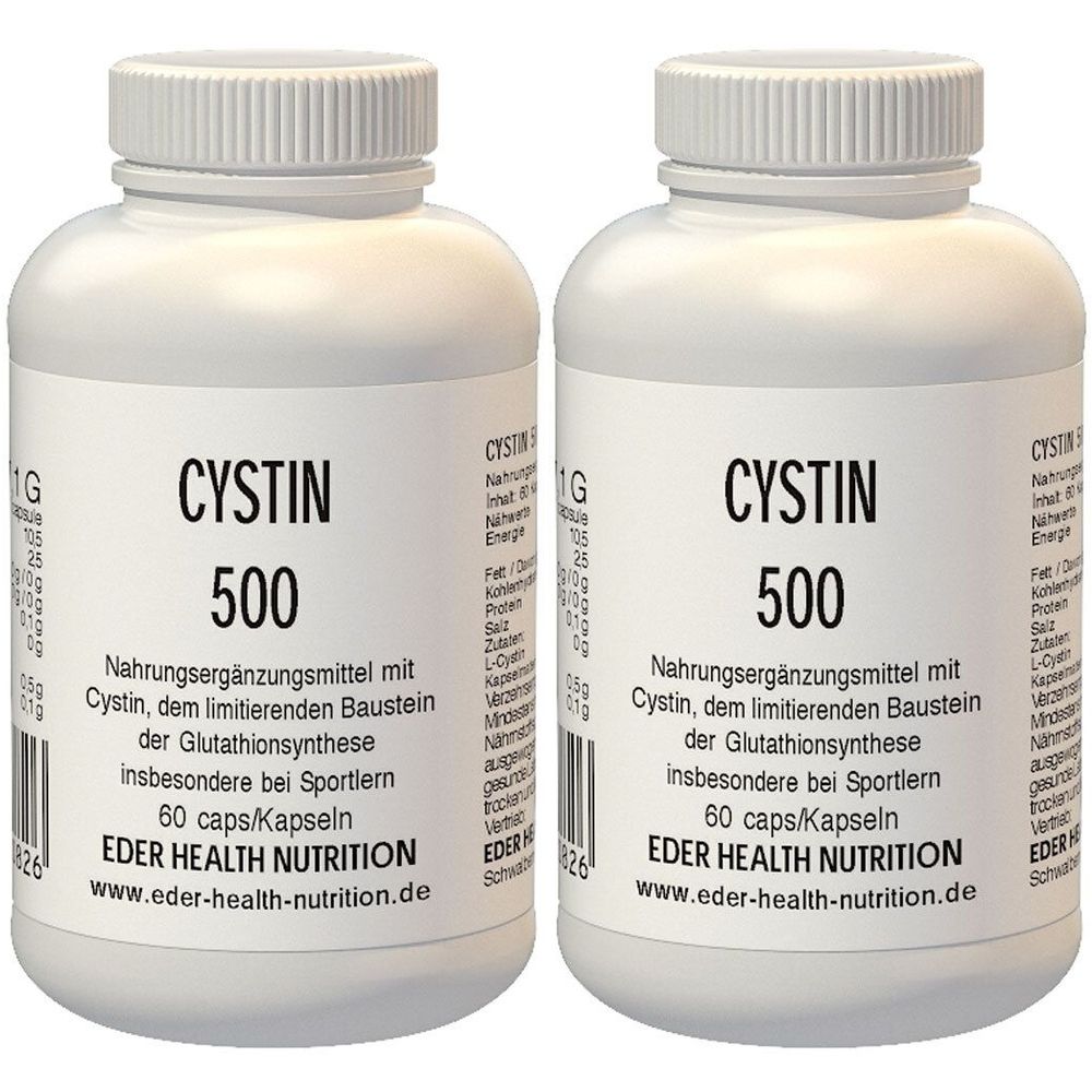Zwei weiße Flaschen mit dem Aufdruck "CYSTIN 500". Aufschrift: Nahrungsergänzungsmittel mit Cystin. Marke: EDER HEALTH NUTRITION. 60 Kapseln.
