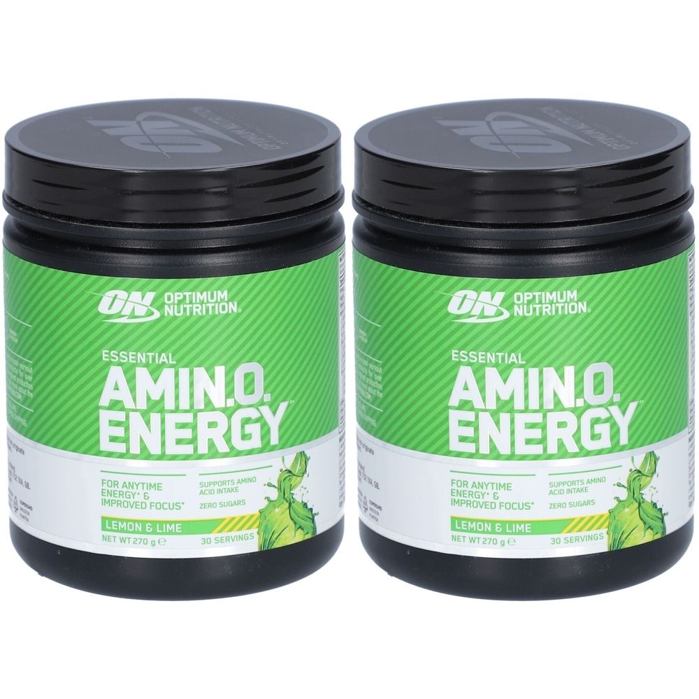 Zwei Dosen Optimum Nutrition Essential AMIN.O. ENERGY. Schwarze Deckel, grüne Etiketten mit Produktnamen und Logo. Geschmack: Lemon & Lime.