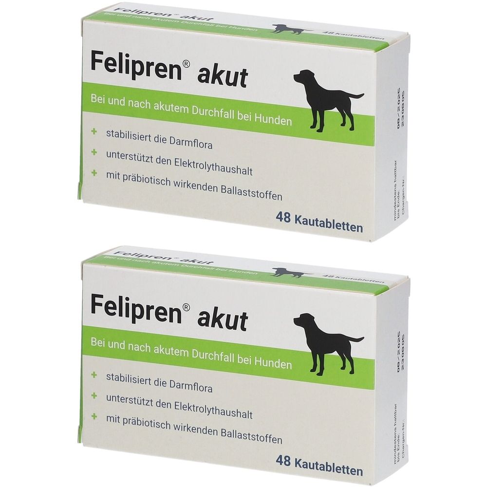 Zwei Schachteln mit "Felipren akut" für Hunde. Text: Bei Durchfall. Enthält 48 Kautabletten. Grün-weiße Verpackung mit Hunde-Silhouette.