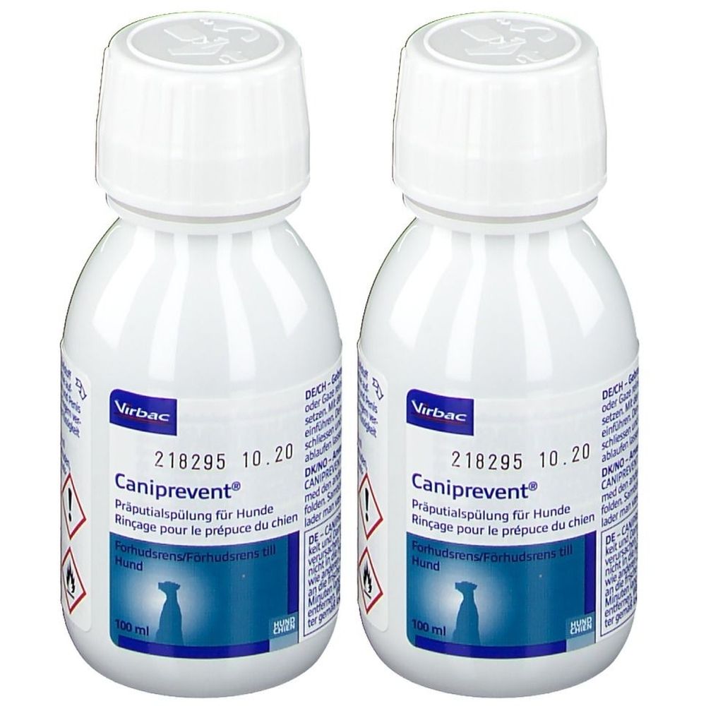 Zwei weiße Flaschen mit Schraubverschluss. Aufschrift: Virbac, Caniprevent. Etikett mit Produktinformationen und Piktogrammen. 100 ml.