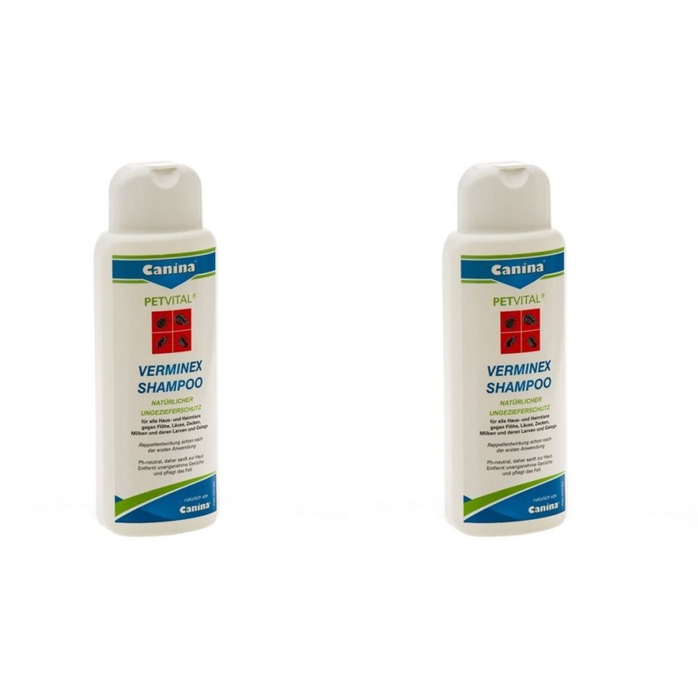 Zwei weiße Flaschen mit blau-grünen Etiketten. Auf den Etiketten steht "Canina PETVITAL Verminex Shampoo".