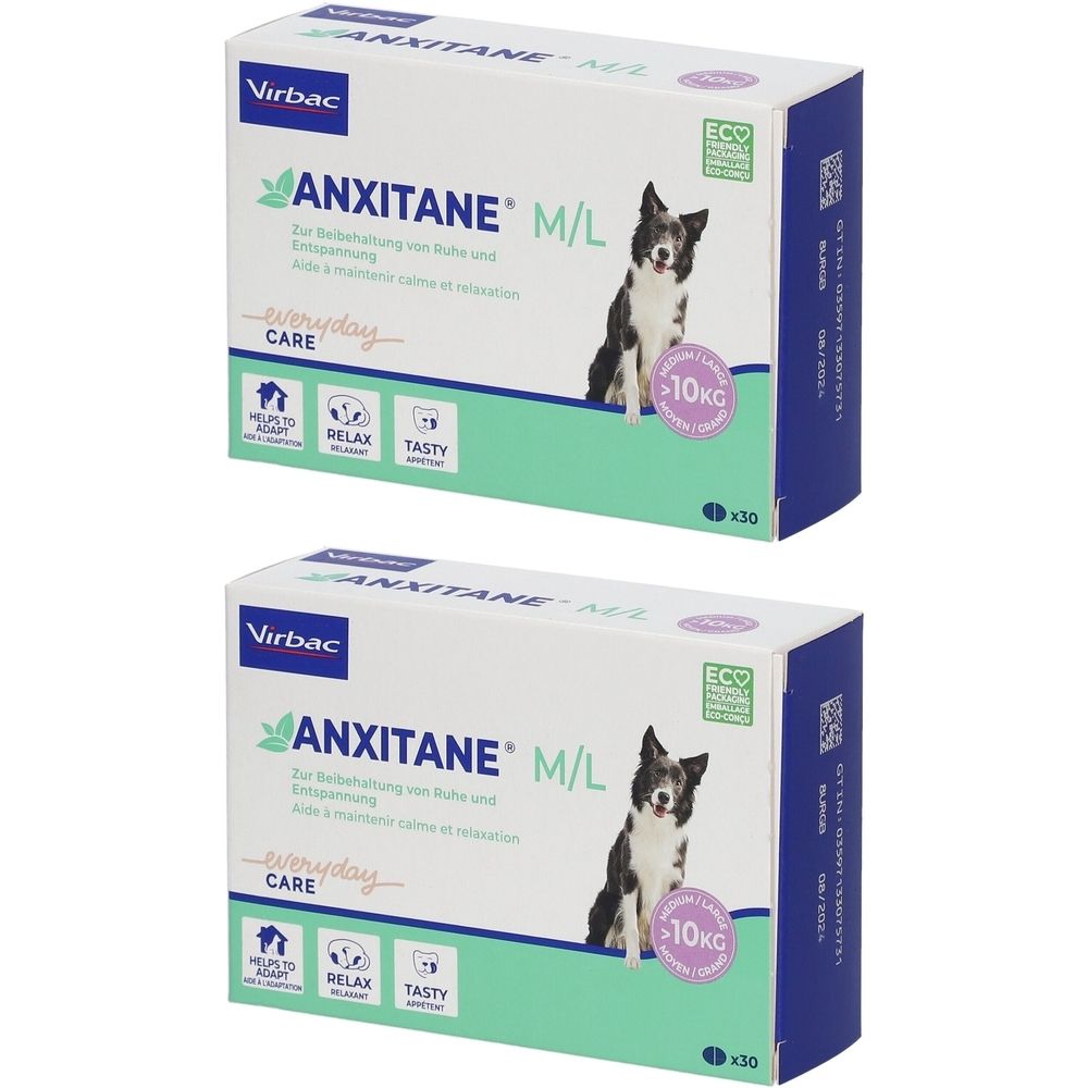 Zwei Schachteln mit ANXITANE M/L. Aufdrucke: Virbac, Logo, Hund, 10kg, x30, everyday CARE, RELAX, TASTY. Weiße und blaue Verpackung.