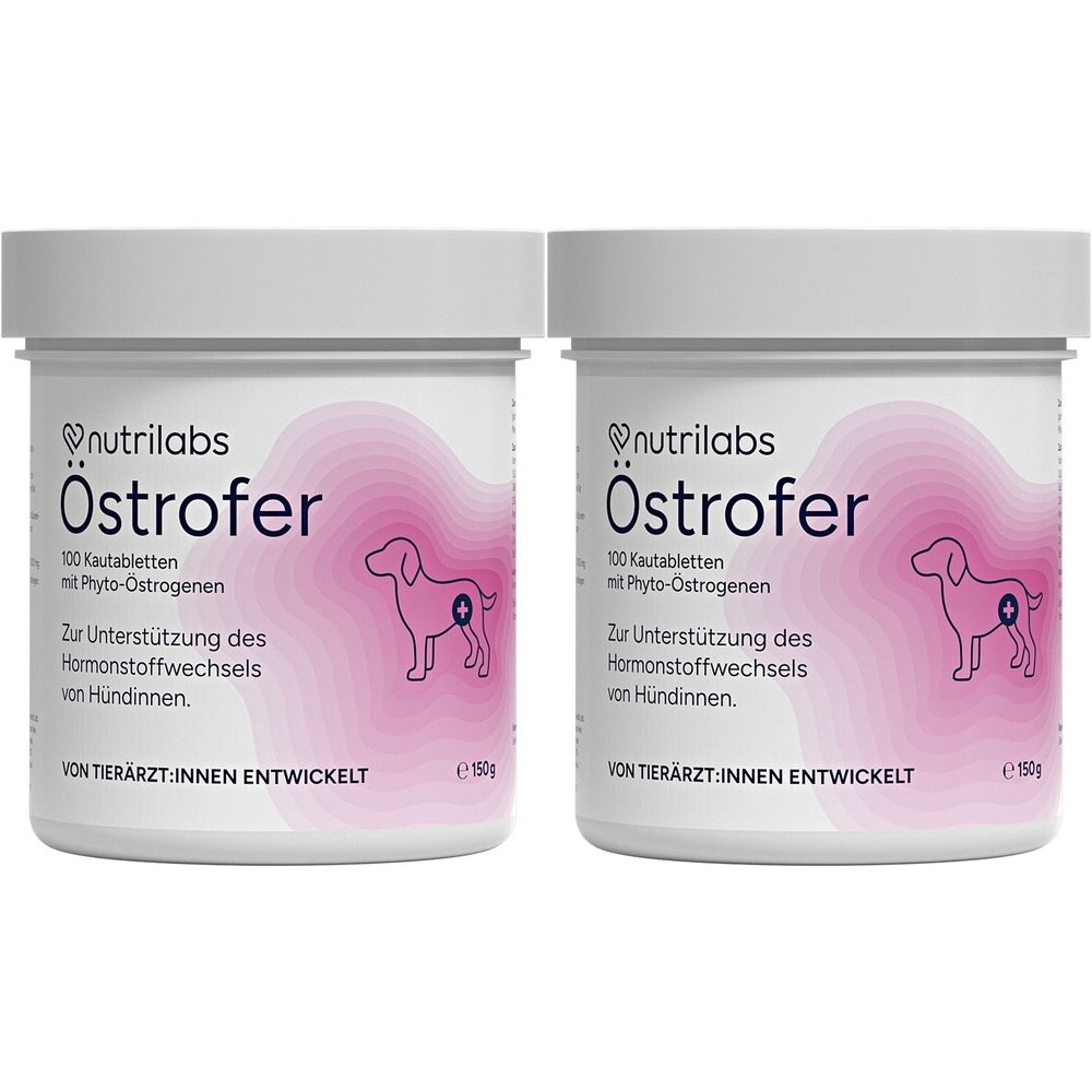 Zwei weiße Dosen mit rosa Etikett. Aufschrift: Ostrofer, 100 Kautabletten, zur Unterstützung des Hormonstoffwechsels von Hündinnen. Mit Hund-Illustration.
