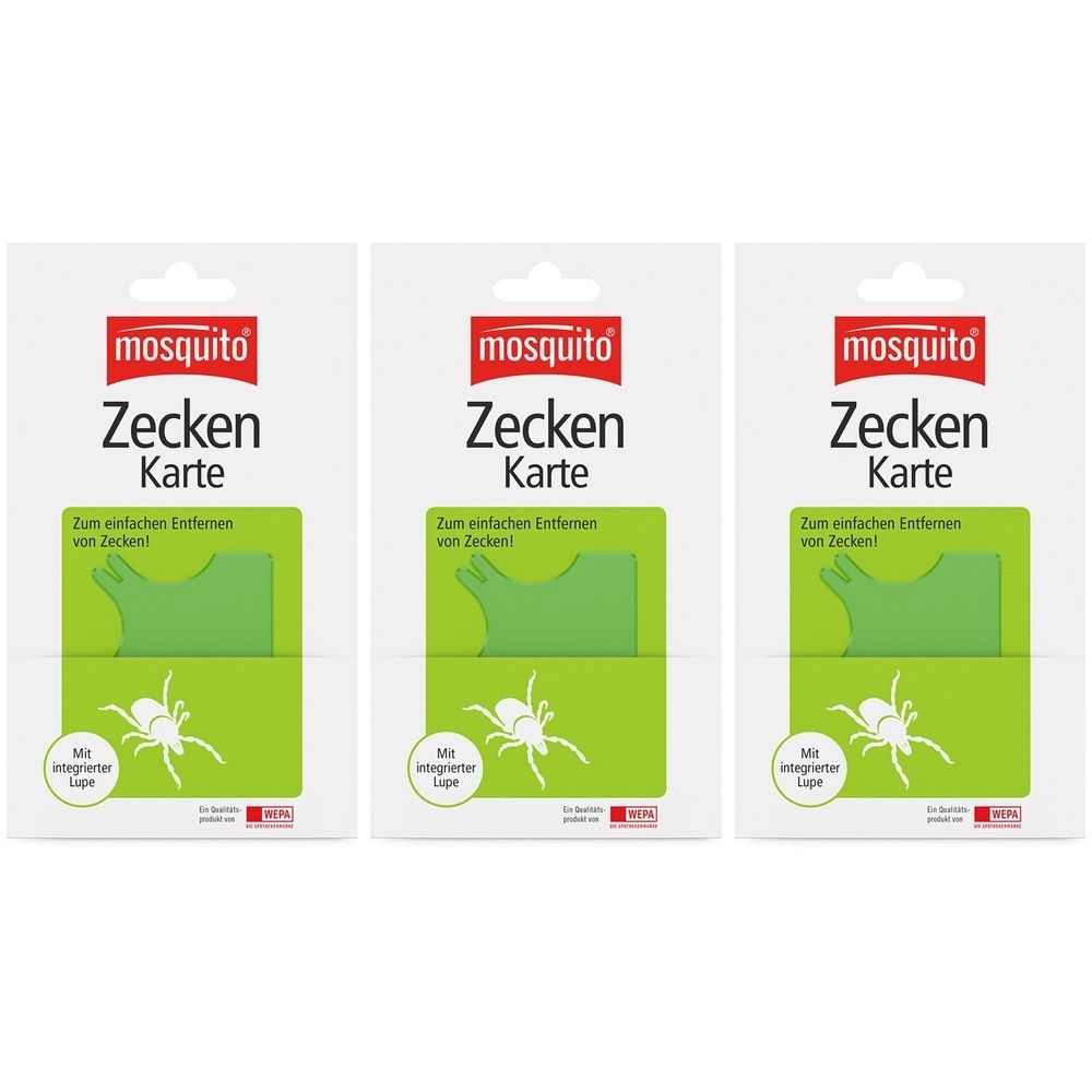 Drei Packungen mit der Aufschrift "mosquito Zecken Karte". Jede Packung enthält eine grüne Karte mit Lupe und Zecken-Entferner.