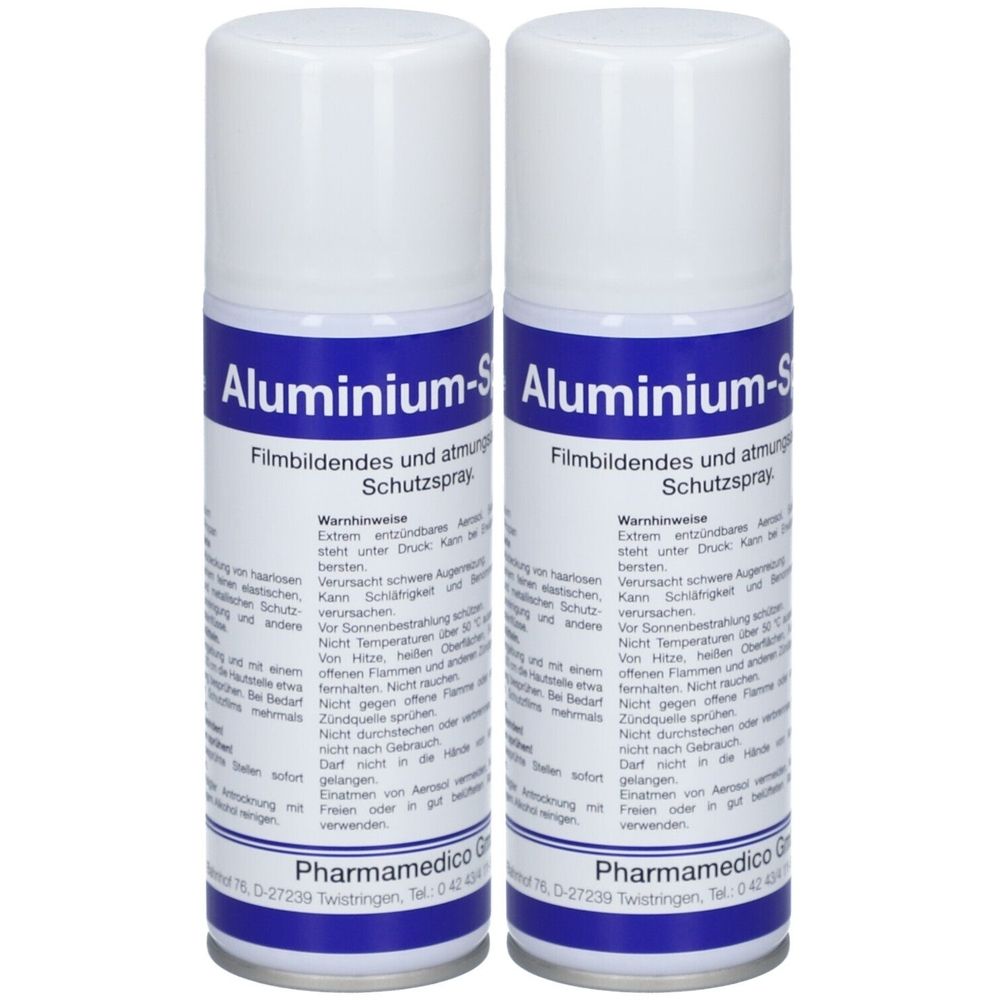 Zwei Aluminium-Spray-Dosen mit weißem Deckel und blauer Beschriftung. Aufschrift: Aluminium-S, Filmbildendes Schutzspray.