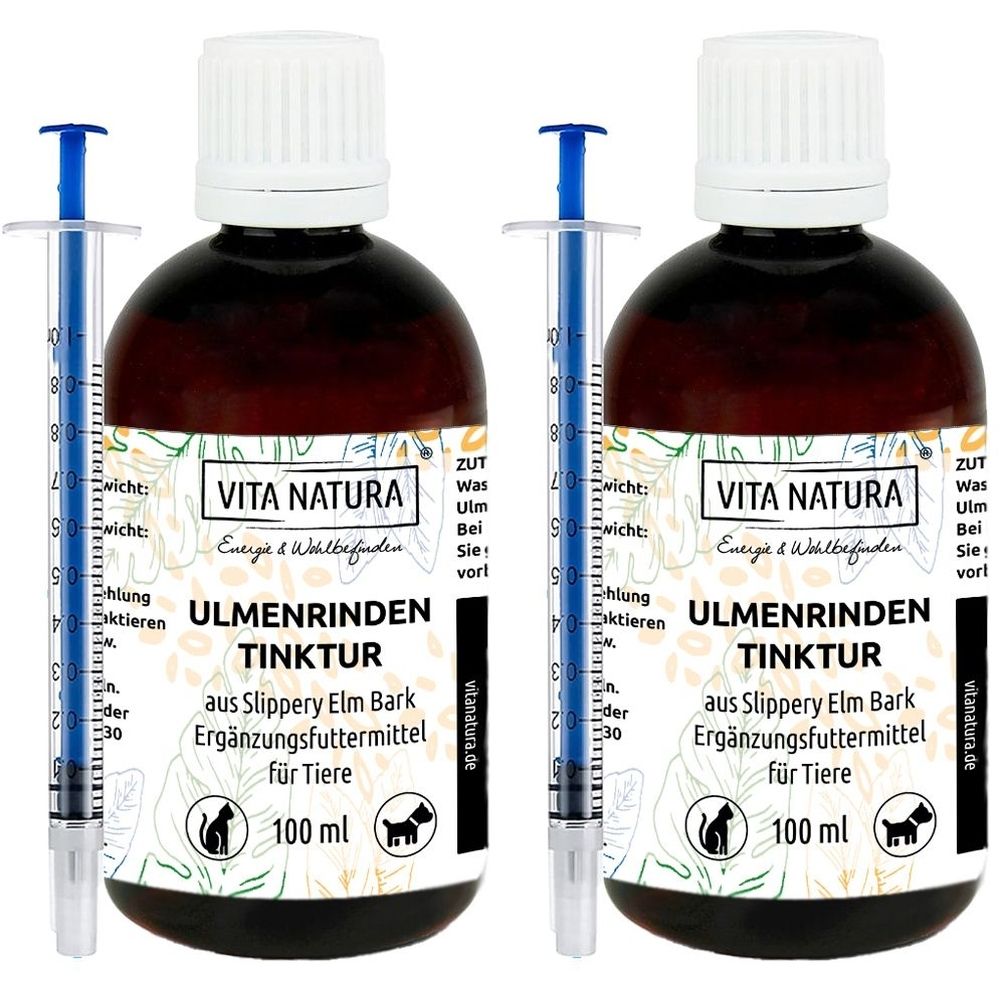 Zwei Flaschen Ulmenrinden Tinktur mit Spritzen. Braune Flüssigkeit in Glasflaschen mit weißem Deckel. Beschriftung: VITA NATURA, 100 ml.