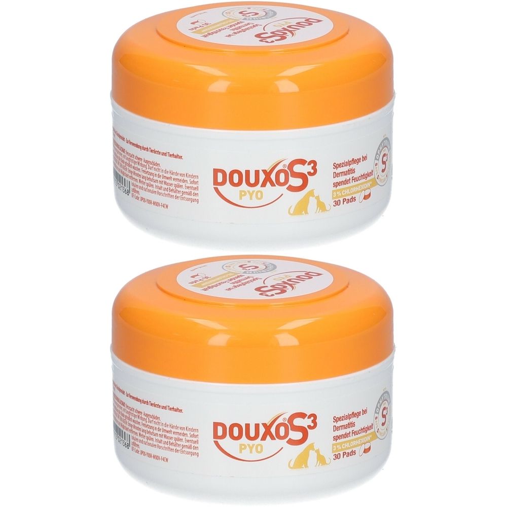 Zwei runde Behälter mit orangefarbenen Deckeln. Aufschrift DOUXO S3 PYO. Speziell für dermatologische Pflege.