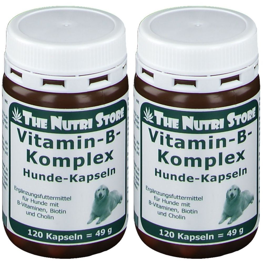 Zwei braune Dosen mit weißen Deckeln. Aufschrift: Vitamin-B-Komplex Hunde-Kapseln. Enthält 120 Kapseln. Ergänzungsfuttermittel für Hunde.