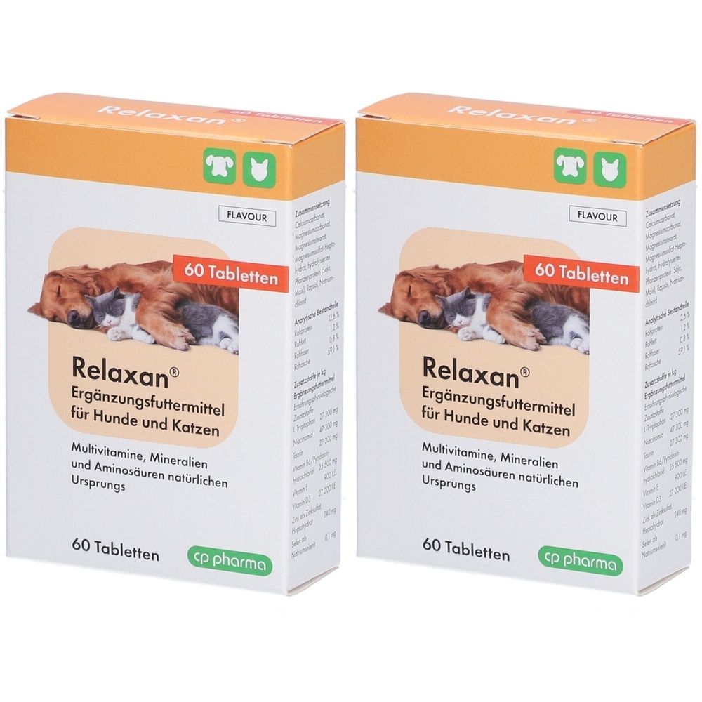 Zwei Schachteln Relaxan® Ergänzungsfuttermittel für Hunde und Katzen. Aufdruck: 60 Tabletten, cp pharma.