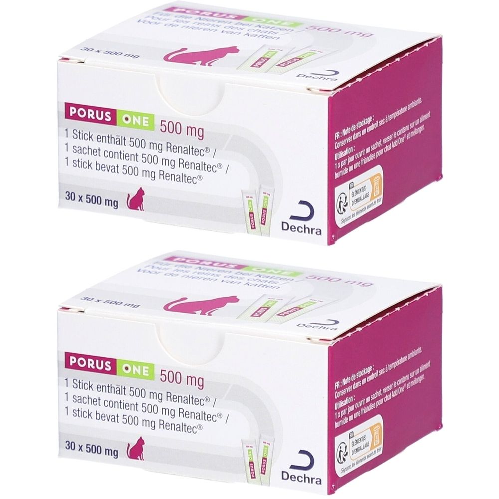 Zwei Kartons mit Produktaufdruck. Aufschrift: PORUS ONE 500 mg. Enthält 30 Beutel. Logo und Text in mehreren Sprachen.
