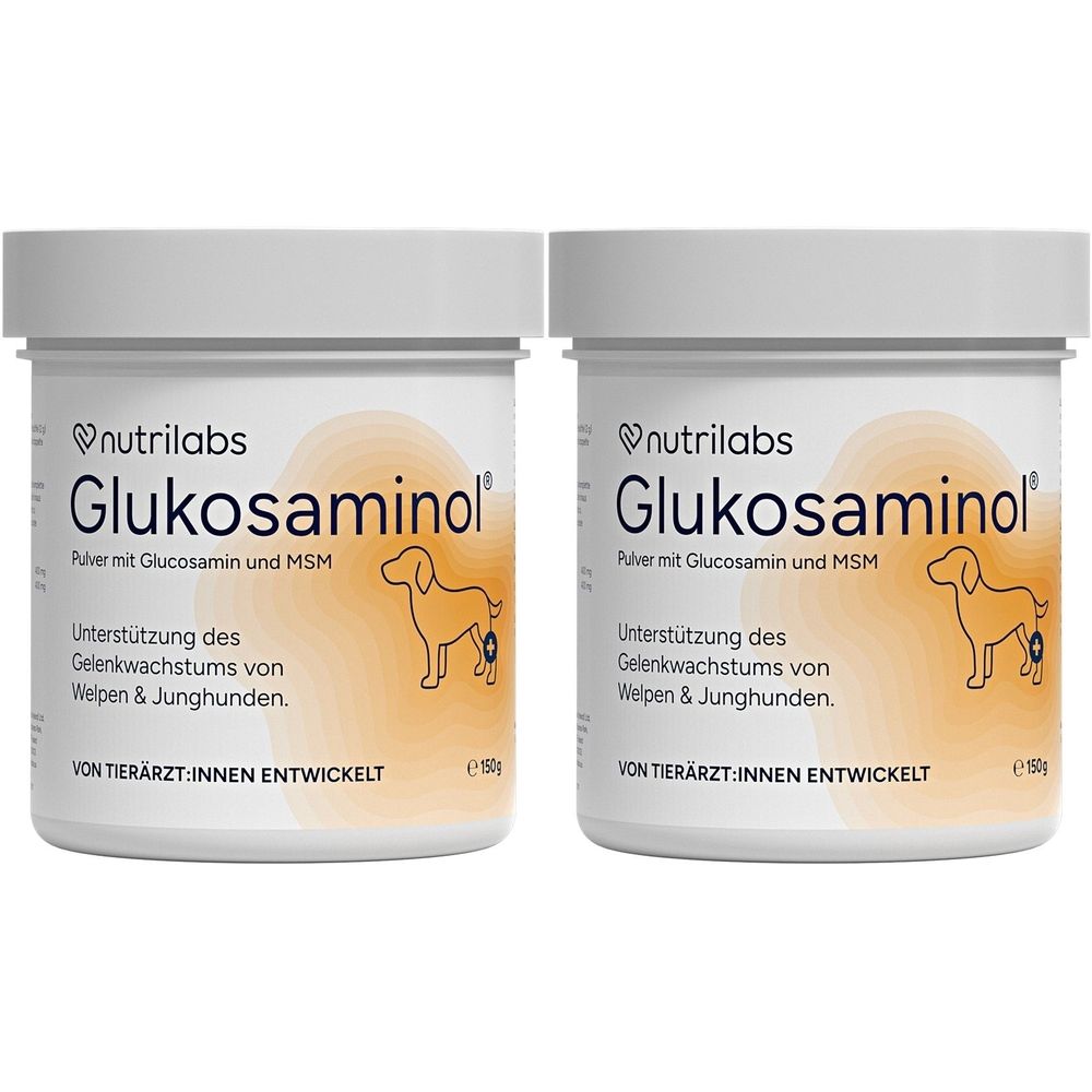 Zwei weiße Dosen mit Deckel. Aufschrift: nutrilabs Glukosaminol, Pulver für Welpen und Junghunde. Mit Hund-Illustration.