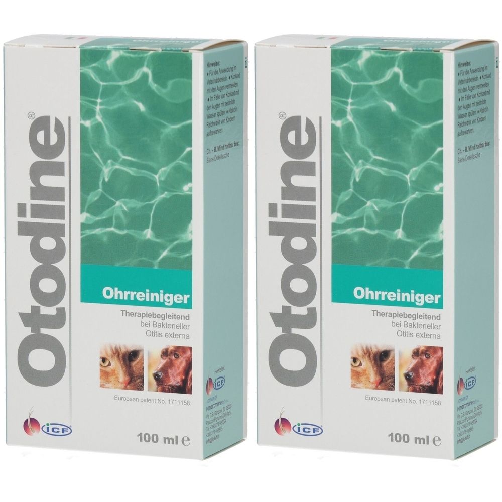 Zwei Kartons Otodine Ohrreiniger. Aufdruck: Ohrreiniger, Therapiebegleitend bei bakterieller Otitis externa. 100 ml.