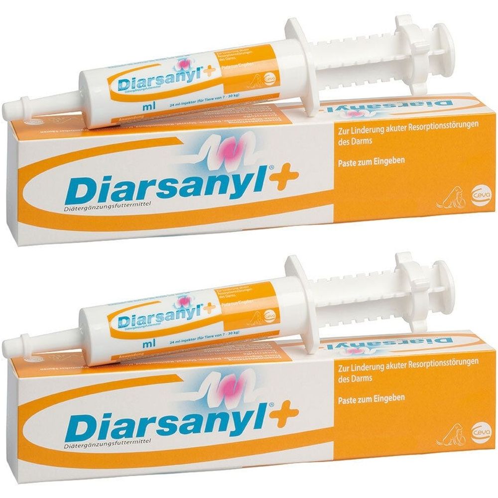 Zwei Packungen Diarsanyl+ mit Spritzen. Aufschrift Diarsanyl+ und Paste zum Eingeben. Orangefarbene und weiße Verpackung.