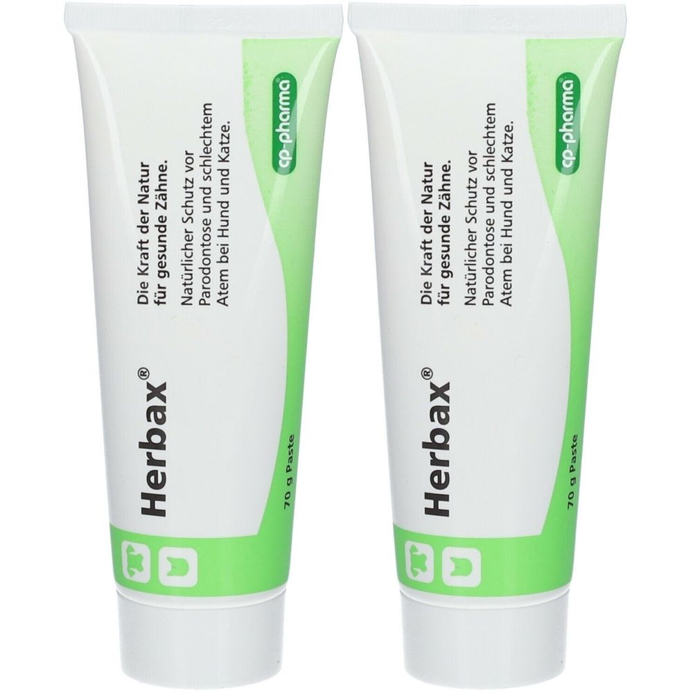 Zwei Tuben Herbax Zahnpasta. Weiß mit grünen Akzenten. Text: "Die Kraft der Natur für gesunde Zähne".