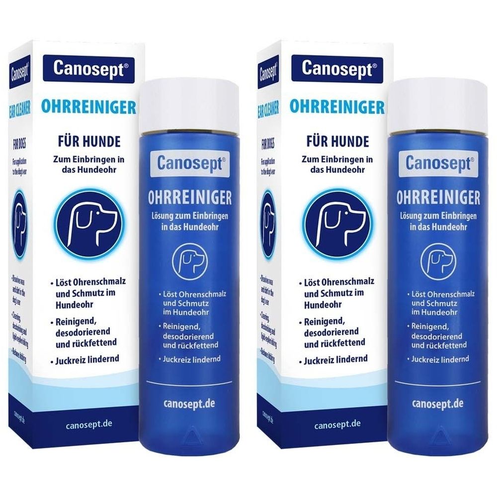 Zwei Flaschen und Verpackungen. Blaue Flaschen mit weißem Deckel. Aufschrift: Canosept Ohrreiniger für Hunde.