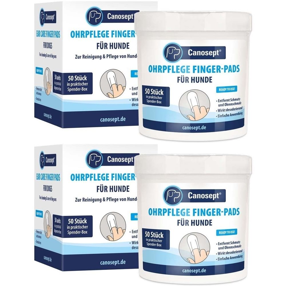 Zwei Packungen und zwei Behälter Finger-Pads. Aufschrift: Canosept® Ohrenpflege Finger-Pads für Hunde. 50 Stück. In praktischer Spenderbox.