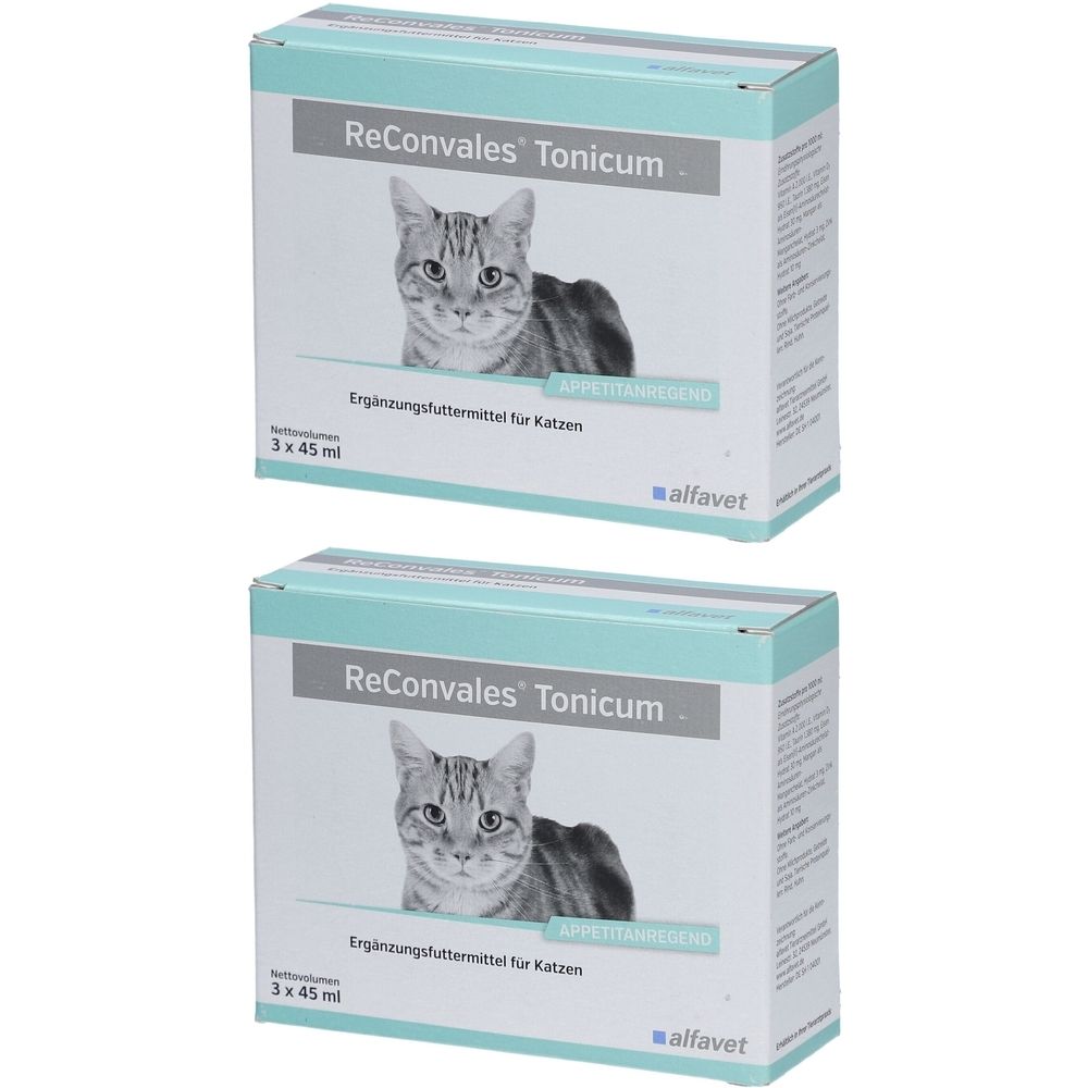 Zwei Kartons ReConvales Tonicum für Katzen. Aufdruck: Katze, Schriftzug, 3 x 45 ml, alfavet.