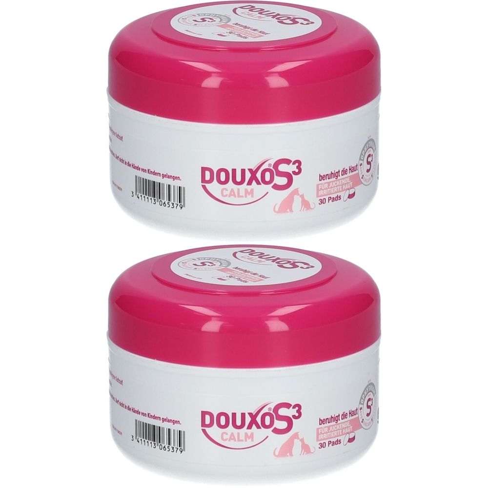 Zwei weiße Dosen mit rosa Deckel. Aufschrift: DOUXO S3 CALM, 30 Pads. Logo mit Hund.