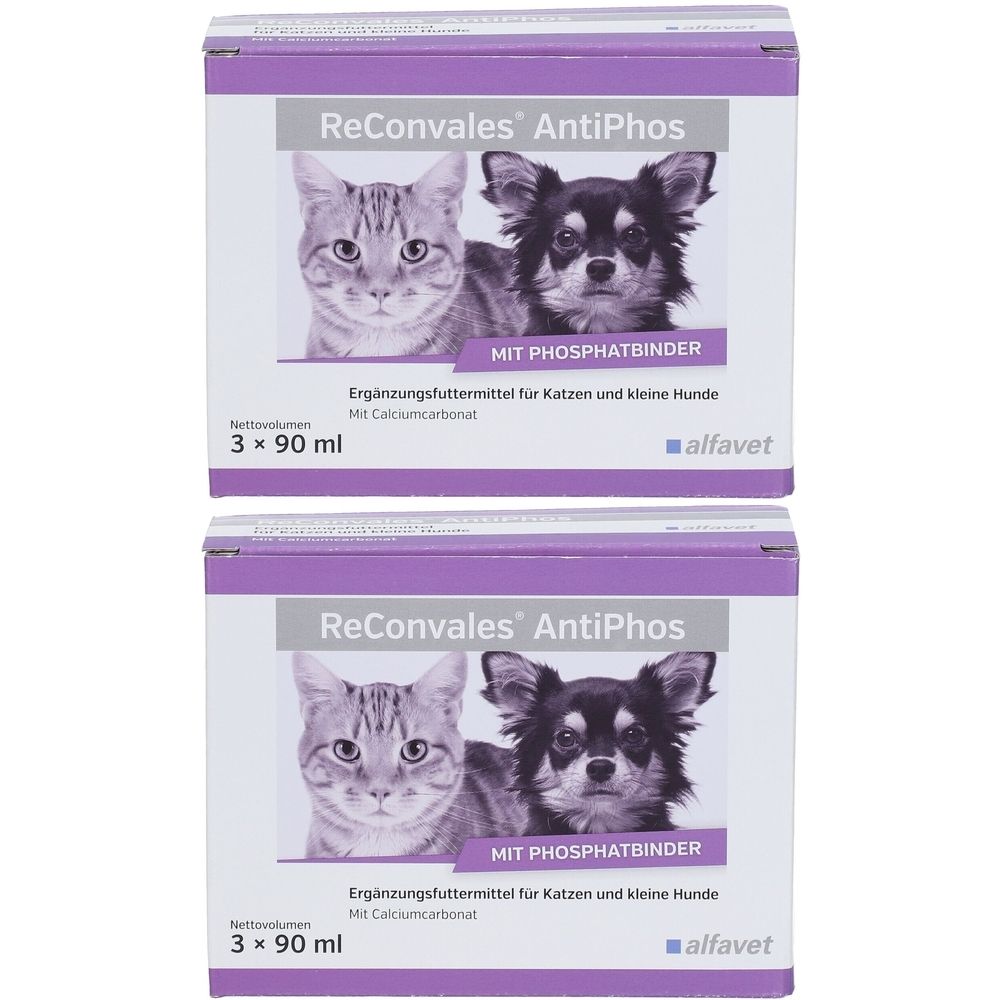 Zwei Kartons ReConvales AntiPhos. Aufdruck: Katze und Hund, MIT PHOSPHATBINDER, Ergänzungsfuttermittel für Katzen und kleine Hunde. Marke: alfavet.