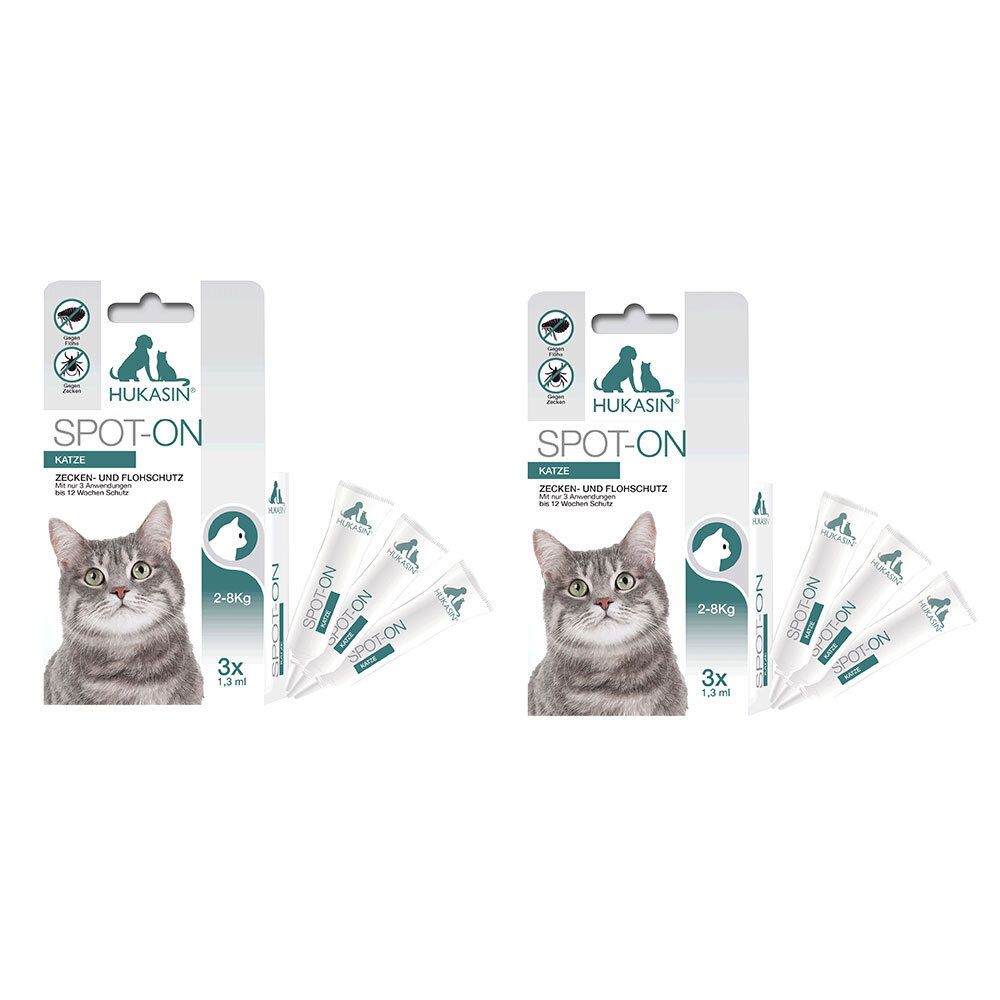 Verpackung mit Hukasin Spot-On für Katzen. Enthält 3 Pipetten und eine Packung mit Produktinformationen. Abbildung einer Katze.