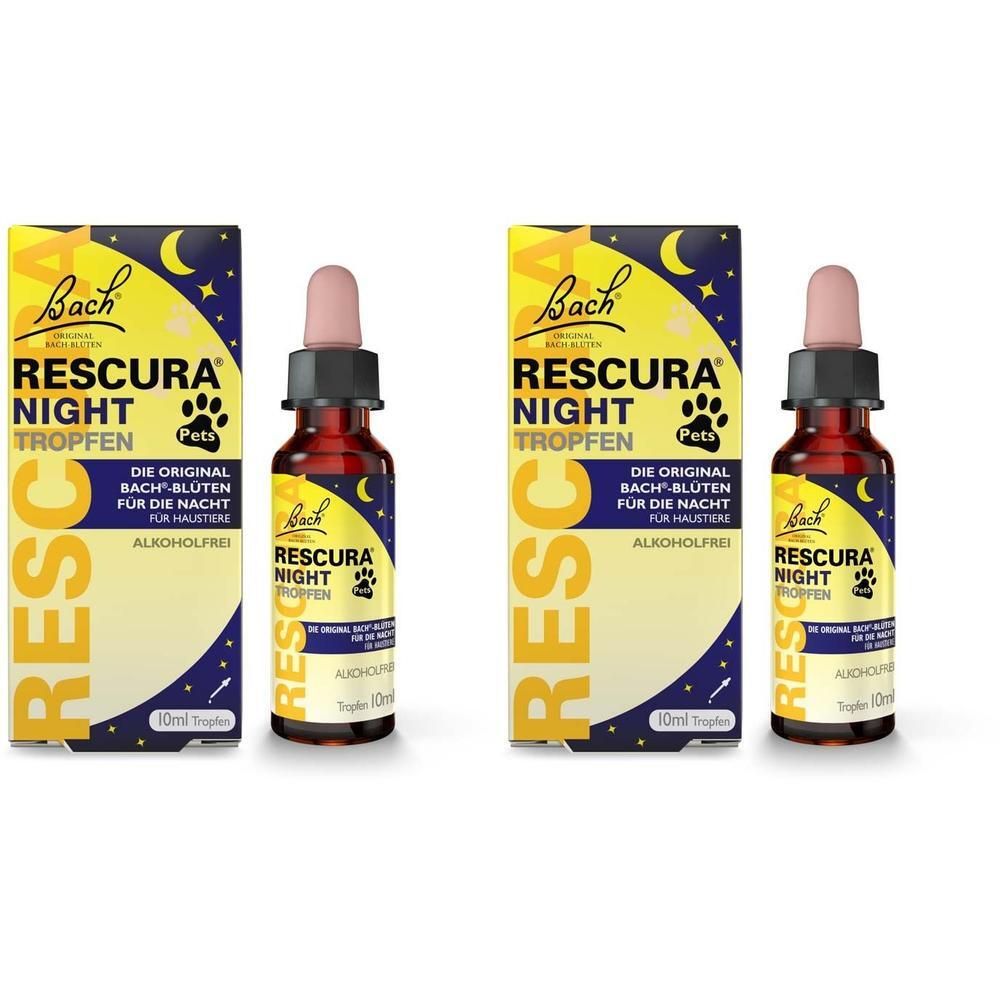 Zwei Flaschen und Schachteln Bachblüten Rescura Night Pets Tropfen alkoholfrei, 10ml.