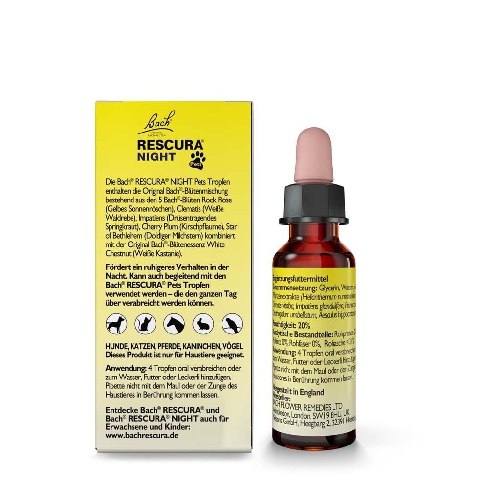 Rückseite einer Schachtel und einer Flasche Bachblüten Rescura Night Pets Tropfen alkoholfrei, 10ml.