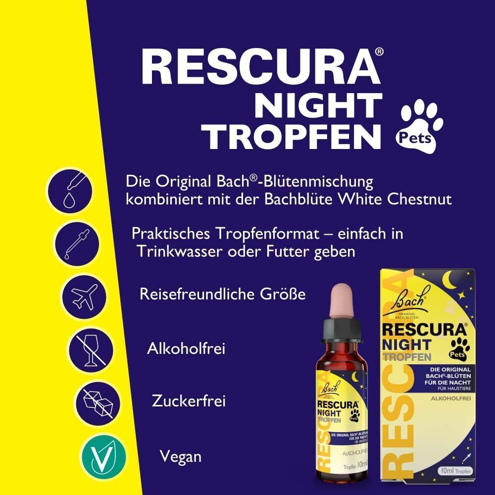 Flasche und Schachtel Bachblüten Rescura Night Pets Tropfen alkoholfrei, 10ml, mit Anwendungsübersicht.