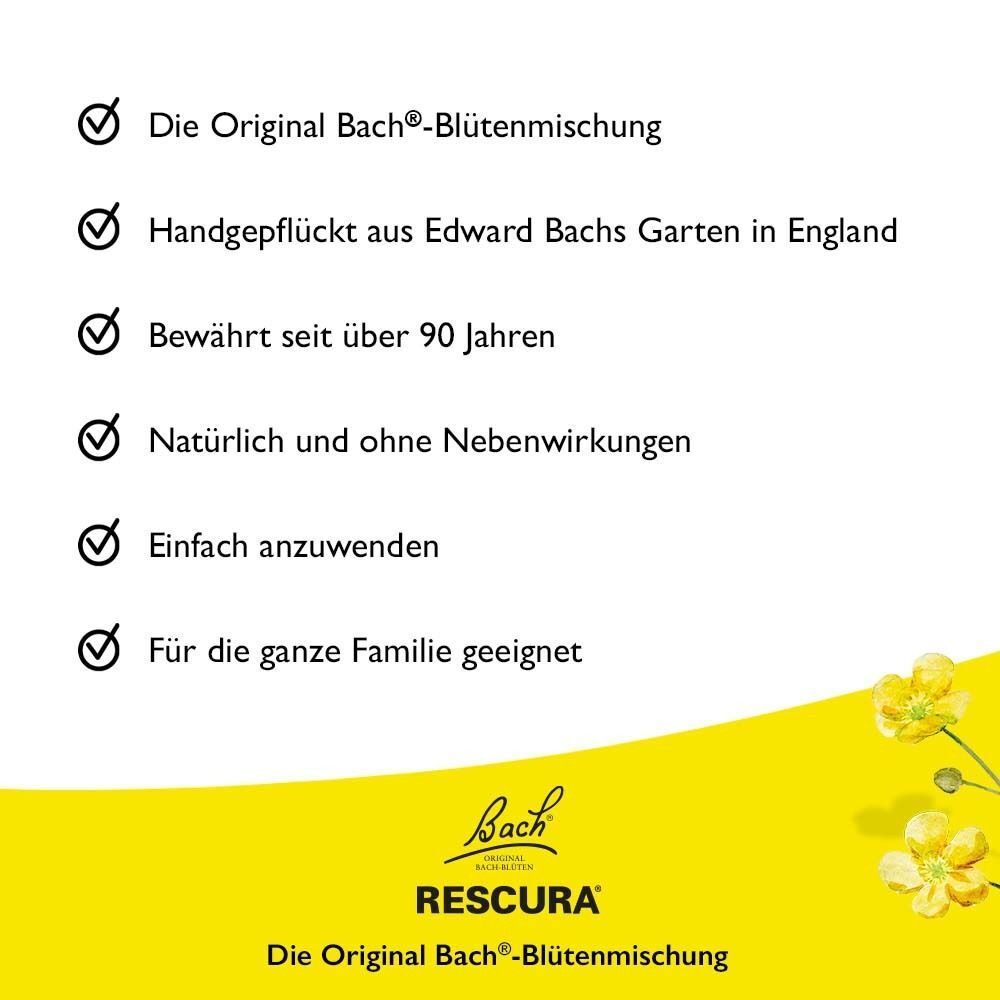Liste der Vorteile von Bachblüten Rescura Night Tropfen, wie Originalmischung und einfache Anwendung.