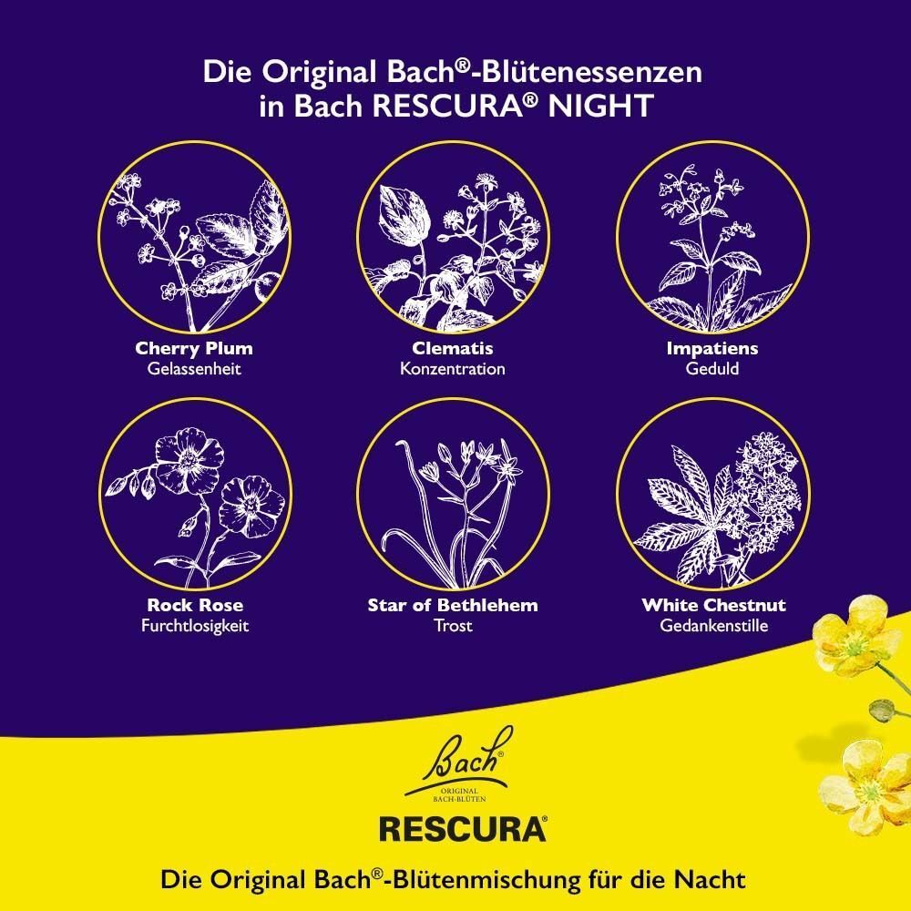 Illustrationen der sechs Bachblüten-Essenzen in Bach Rescura Night Tropfen: Cherry Plum, Clematis, Impatiens, Rock Rose, Star of Bethlehem, White Chestnut.