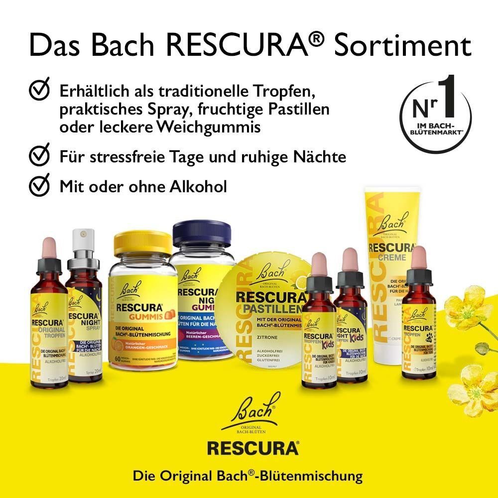 Sortiment von Bach Rescura Produkten: Tropfen, Spray, Gummis, Pastillen und Creme, mit und ohne Alkohol.