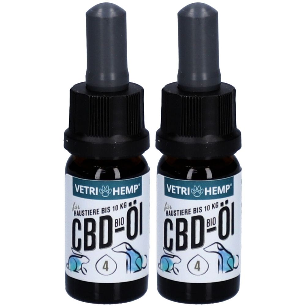 Zwei Flaschen mit schwarzem Verschluss und Etikett. Aufschrift: VETRI HEMP CBD-Öl für Haustiere. Mit Tropfer.
