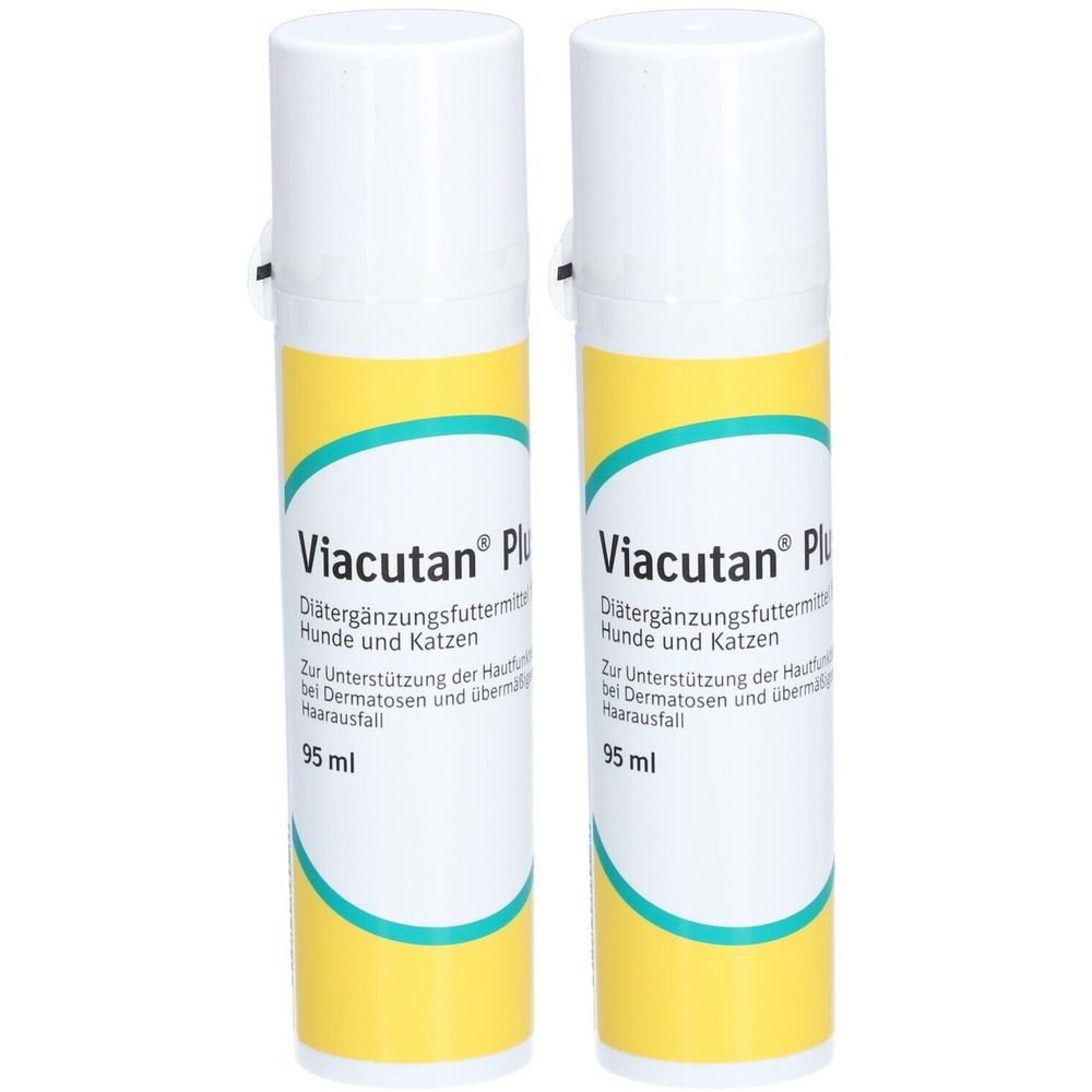 Zwei weiße Flaschen mit gelben Etiketten. Aufschrift: Viacutan® Plus. Text in deutscher Sprache. 95 ml.