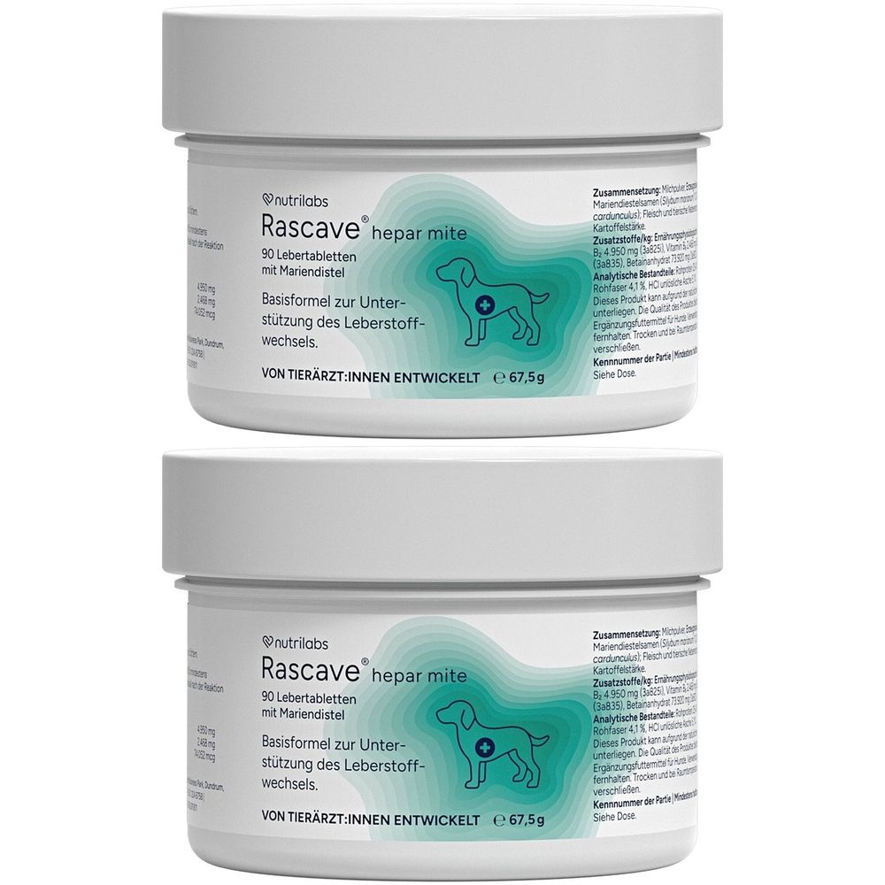 Zwei weiße Dosen mit Aufschrift Rascave hepar mite. Enthält 90 Tabletten. Mit einem Hund-Symbol und Text.